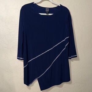 Clara Sun Woo women's stretch pullover in a navy blue asymmetric design large
